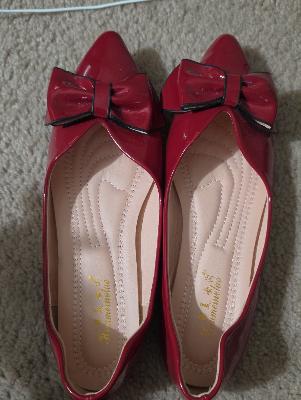 Red Patent Pointed Toe Bow Flats - Women Shoes